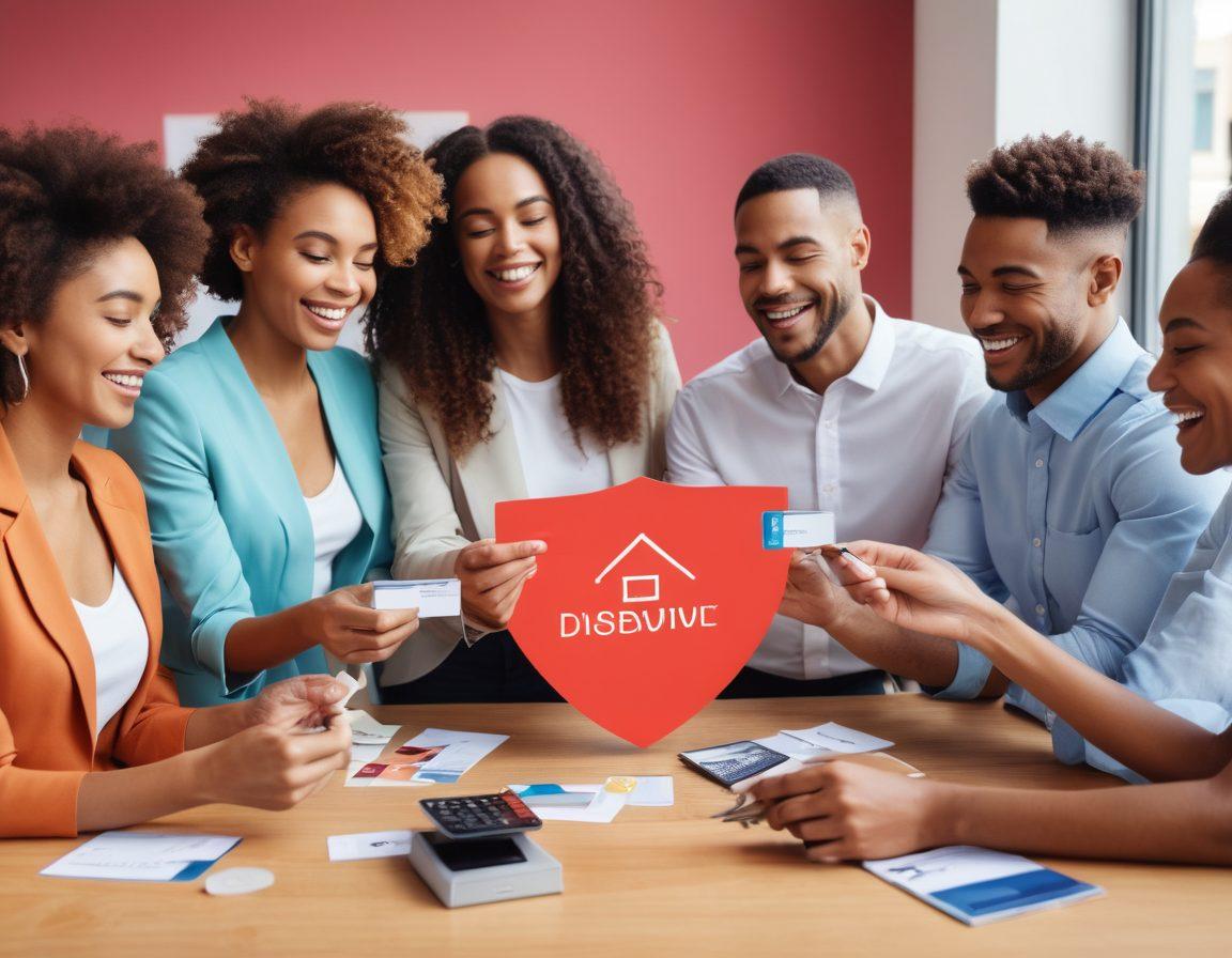 A dynamic and engaging scene depicting a diverse group of people joyfully exchanging gift cards, surrounded by symbols of financial security like a shield and a calculator. Include visual elements representing insurance solutions, such as a lock and key, emphasizing protection. The atmosphere should convey positivity and empowerment in financial decisions. sleek design. vibrant colors. soft gradient background.