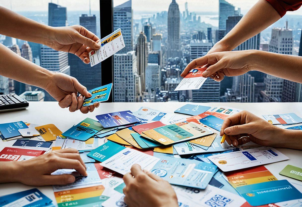 A vibrant collage illustrating various gift cards surrounded by insurance documents and protection plan brochures. Include hands exchanging gift cards over a table filled with calculators and financial charts, symbolizing maximal value. In the background, a silhouette of a modern cityscape representing consumerism. Bright colors and an optimistic atmosphere, merging practicality with the excitement of gift cards. super-realistic. vibrant colors. 3D.